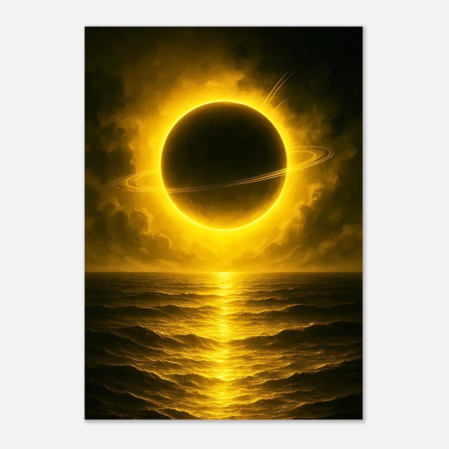 Fantasy Poster Golden Sea – Planet im Himmel, goldenes Meer mit strahlender Energie, dekorative Kunst
