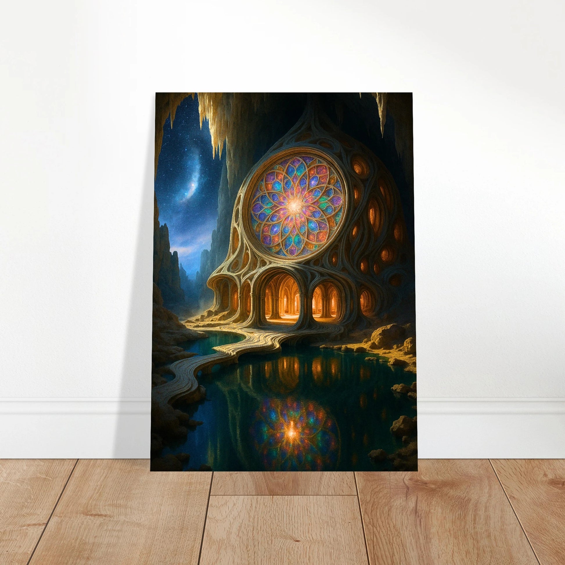 Fantasy Poster Magician House – leuchtendes Glasfenster in mystischer Szene, dekoratives Wandbild