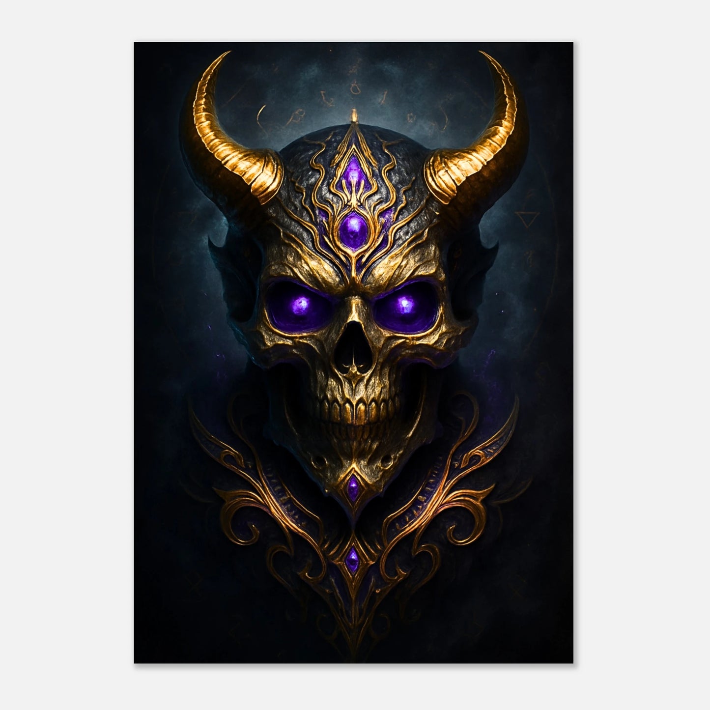 Fantasy skull art poster with ornate golden horns, glowing purple gems and dark background