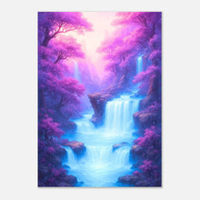 Fantasy waterfall art poster with glowing violet and pink forest, serene nature wall decor
