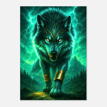 Fantasy wolf wall art print with electric green lightning and forest background