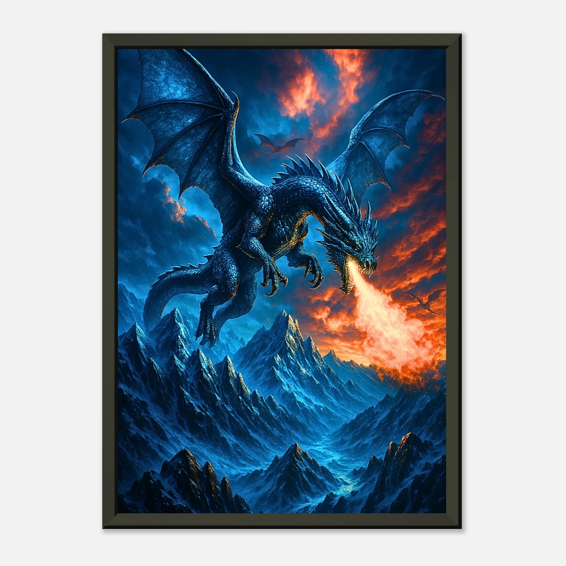 Fierce Fire Dragon epische Drachen Kunst als Wandbild mit schwarzem Metallrahmen, mächtiger Drache mit Feuer und Eis