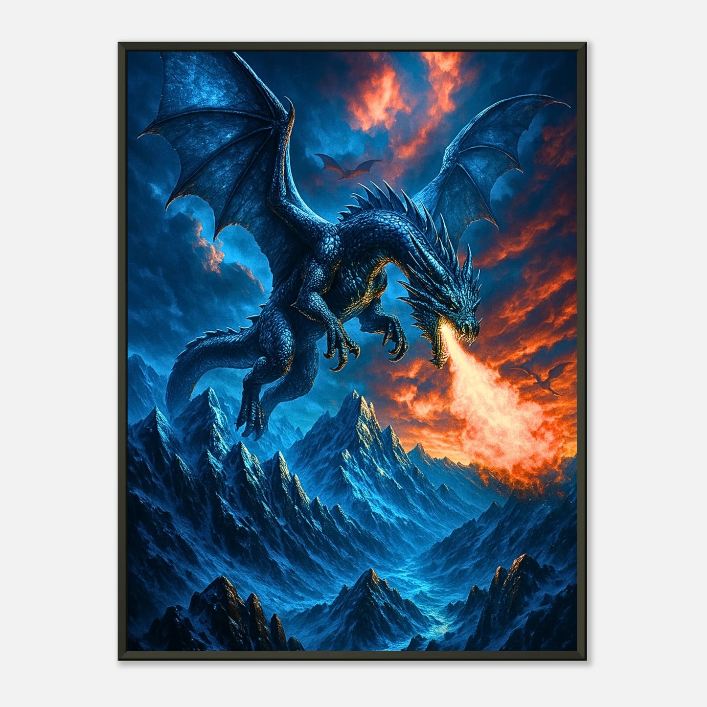 Fierce Fire Dragon Fantasy Drachen Wandbild mit schwarzem Metallrahmen, feuerspeiender Drache über eisigen Bergen in epischer Szene