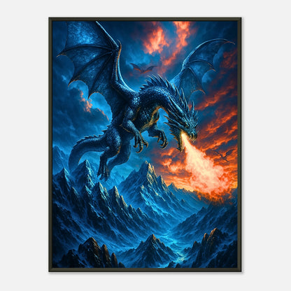Fierce Fire Dragon Fantasy Drachen Wandbild mit schwarzem Metallrahmen, feuerspeiender Drache über eisigen Bergen in epischer Szene