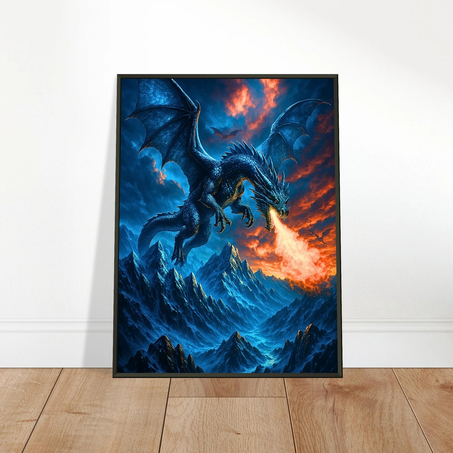 Fierce Fire Dragon Wandbild in hellem modernen Wohnraum, epische Fantasy Drachenkunst im schwarzen Metallrahmen