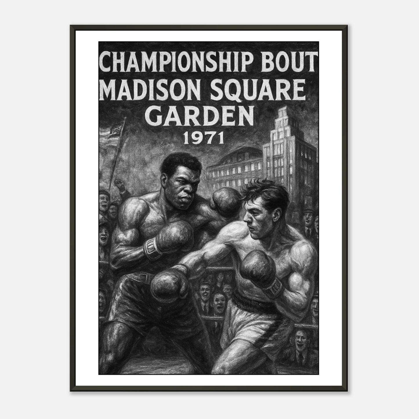 Boxposter „Fight of the Century“ – Muhammad Ali vs Joe Frazier 1971 im schwarzen Metallrahmen | Legendäres Boxkunst-Design von DEFA Designs