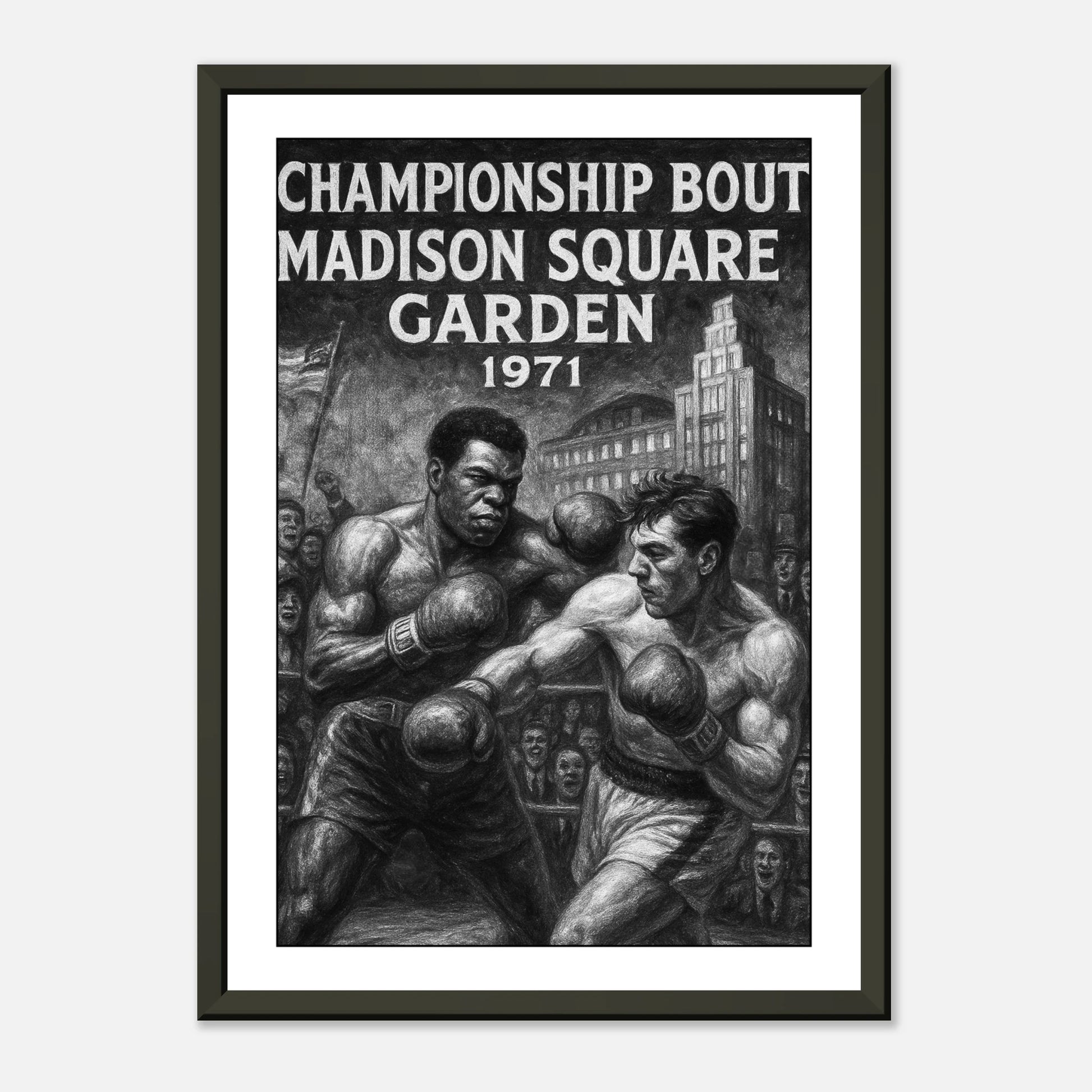 Kunstvolles Boxposter „Fight of the Century“ – Madison Square Garden 1971 | Schwarzer Metallrahmen | DEFA Designs