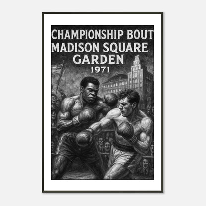 „Fight of the Century“ Poster – ikonischer Boxkampf 1971 zwischen Muhammad Ali und Joe Frazier | Stilvolle Wandkunst im schwarzen Metallrahmen | DEFA Designs