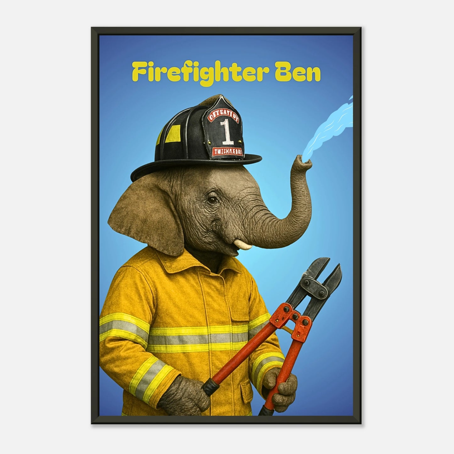 Seitliche Ansicht des Firefighter Ben Posters – heroischer Elefant in gelbem Anzug, lustiges Wandbild mit schwarzem Metallrahmen.
