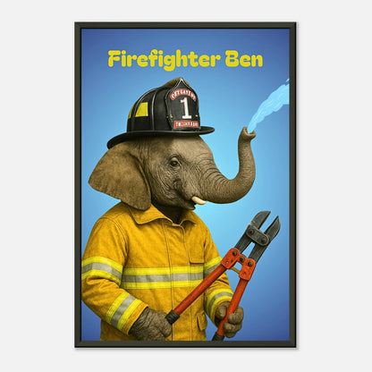 Seitliche Ansicht des Firefighter Ben Posters – heroischer Elefant in gelbem Anzug, lustiges Wandbild mit schwarzem Metallrahmen.