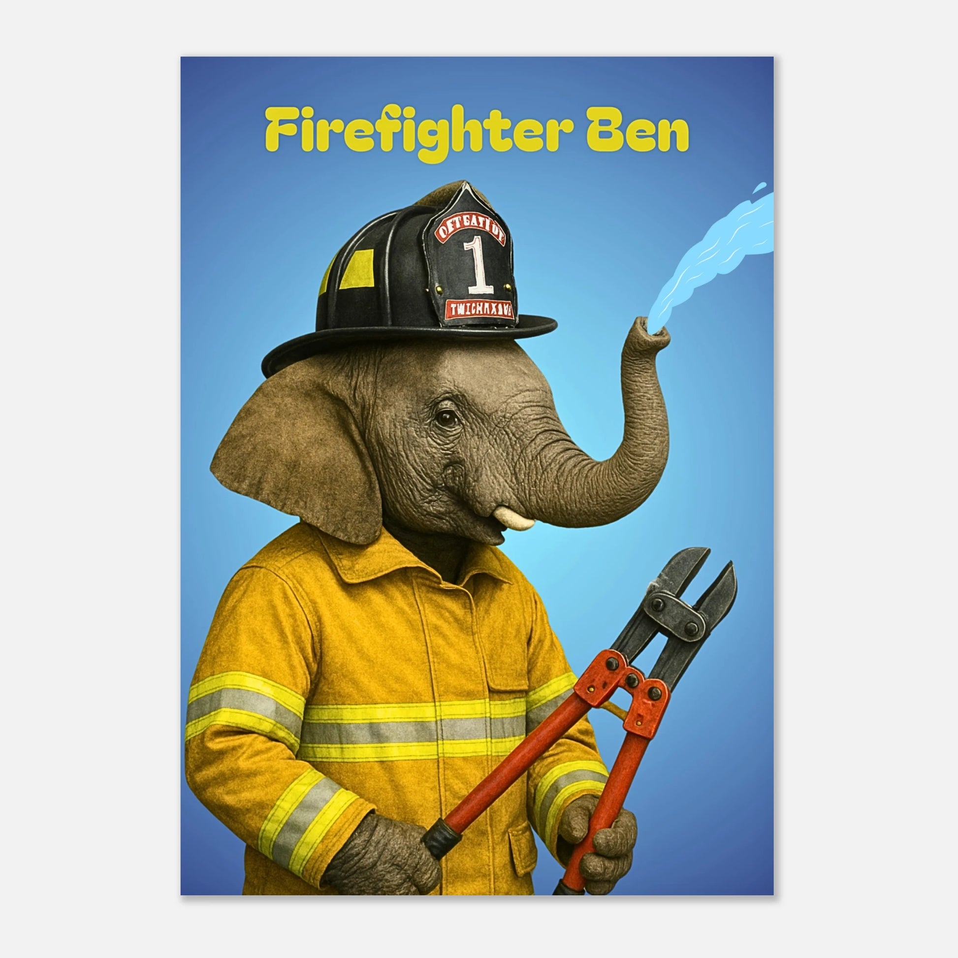 Firefighter Ben elephant poster, colorful kids wall art print with heroic firefighter theme.

