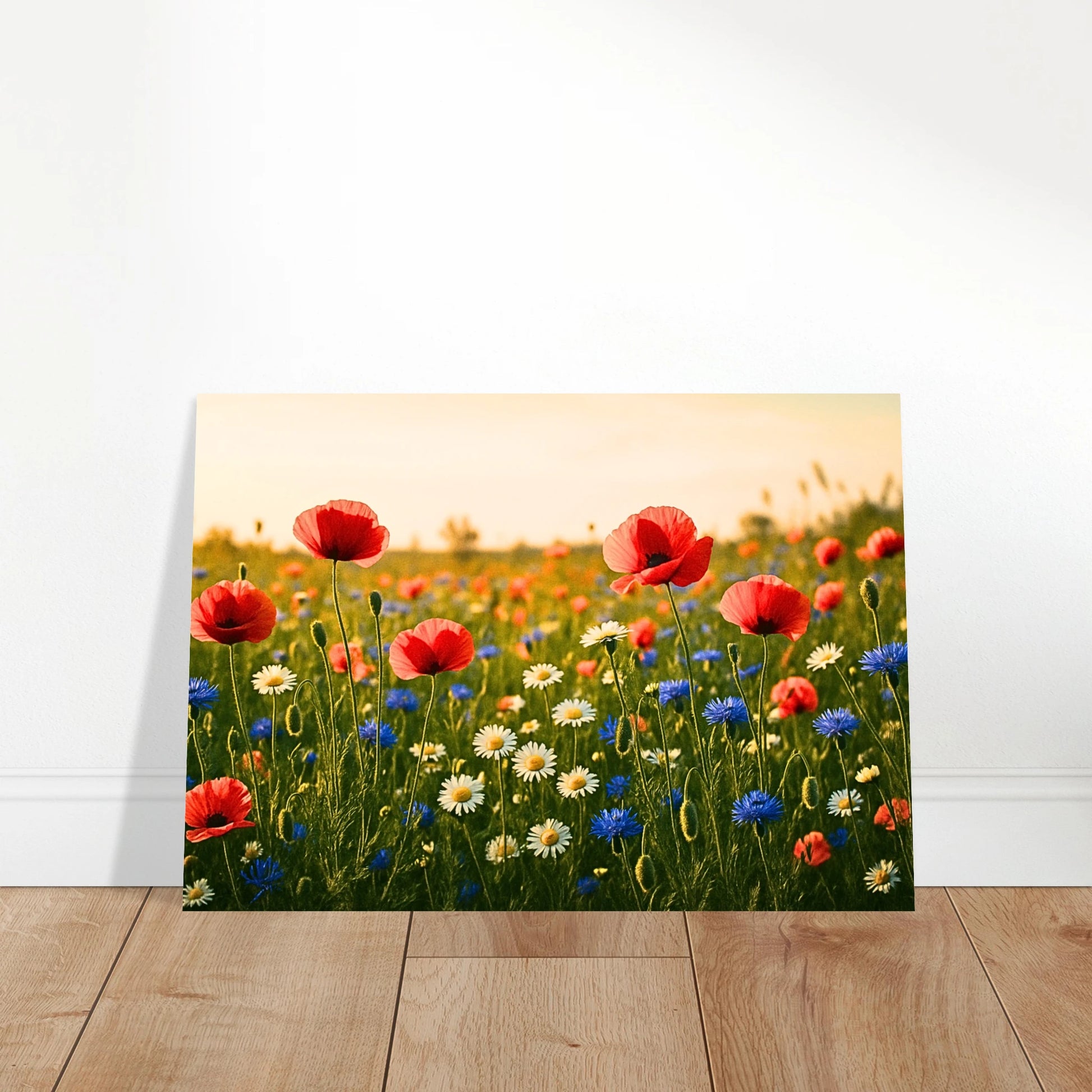 „Colorful botanical poster with wildflowers placed on a wooden stand – poppies and summer meadow scene“