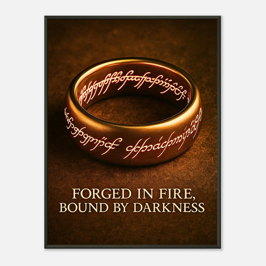 Forged in Fire Dark Fantasy Ring Wandbild mit schwarzem Metallrahmen, leuchtender Ring mit Runen und feuriger Inschrift