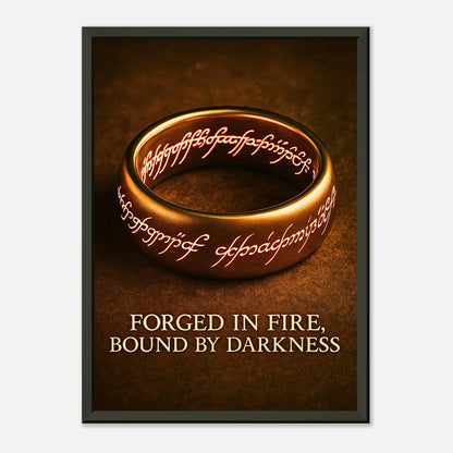 Forged in Fire Ring Wandkunst frontal dargestellt, Dark Fantasy Wandbild mit schwarzem Metallrahmen