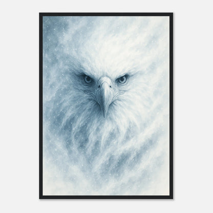 Frost Eagle Poster mit schwarzem Holzrahmen – kontrastreiches Wandbild eines weißen Adlers im Winter.