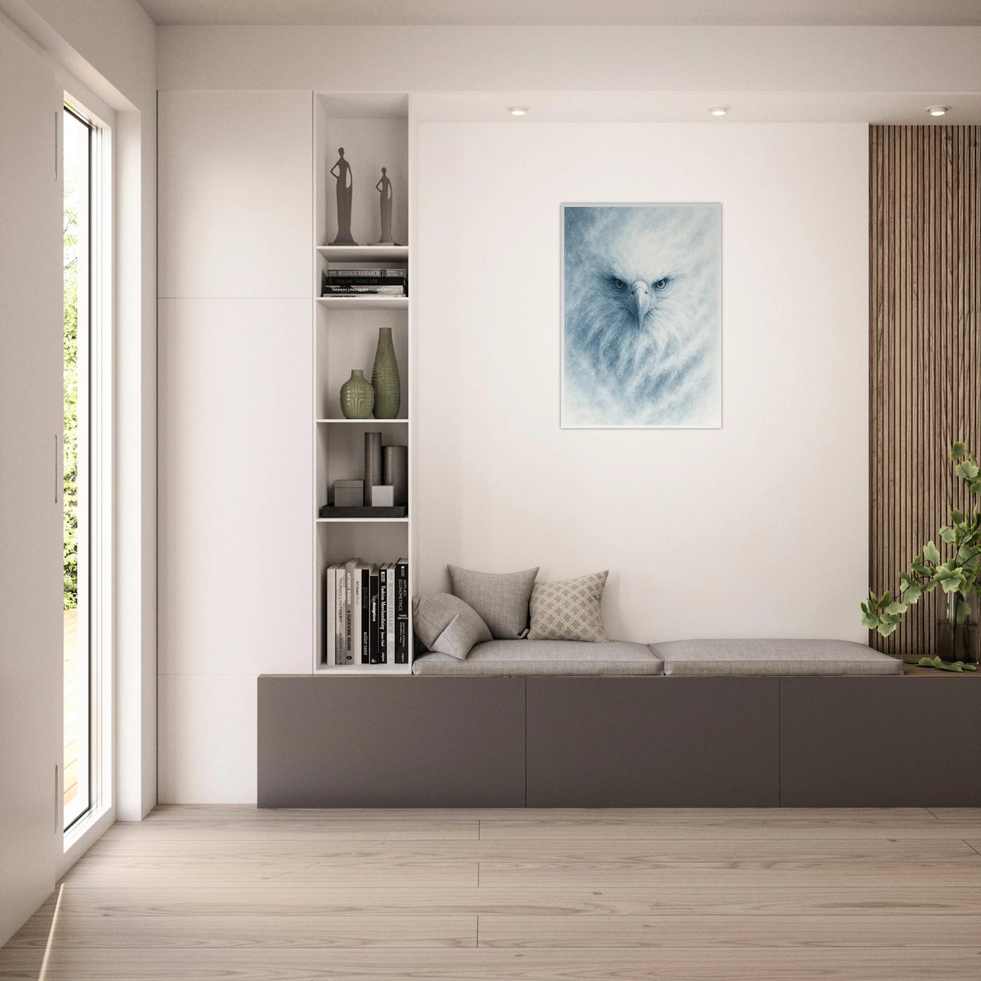 Frost Eagle Poster im Wohnzimmer – eindrucksvolles Wandbild eines weißen Adlers als elegante Wanddekoration.