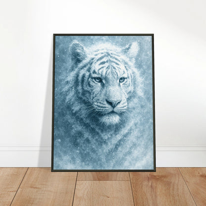 Frozen Strength Poster an die Wand gelehnt – moderner Kunstprint mit weißem Tiger und schwarzem Metallrahmen für elegante Interieurs.