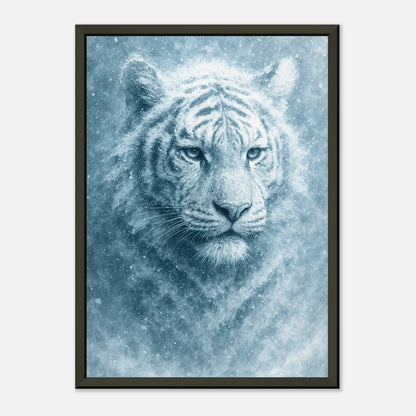 Schrägansicht des Frozen Strength Posters – elegante Lichtreflexe auf Glas und Metallrahmen, stilvolle Tierkunst mit kühler Atmosphäre.