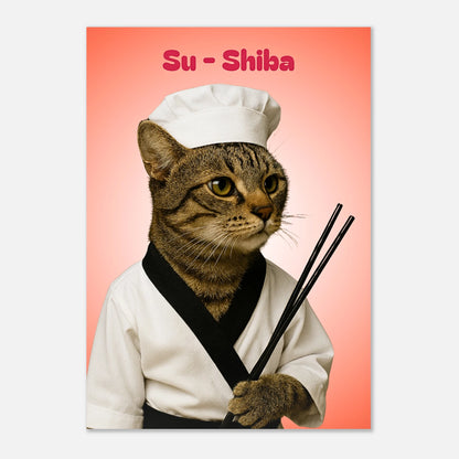 Nahaufnahme des Su-Shiba Posters – Sushi-Meisterkatze im witzigen Design
