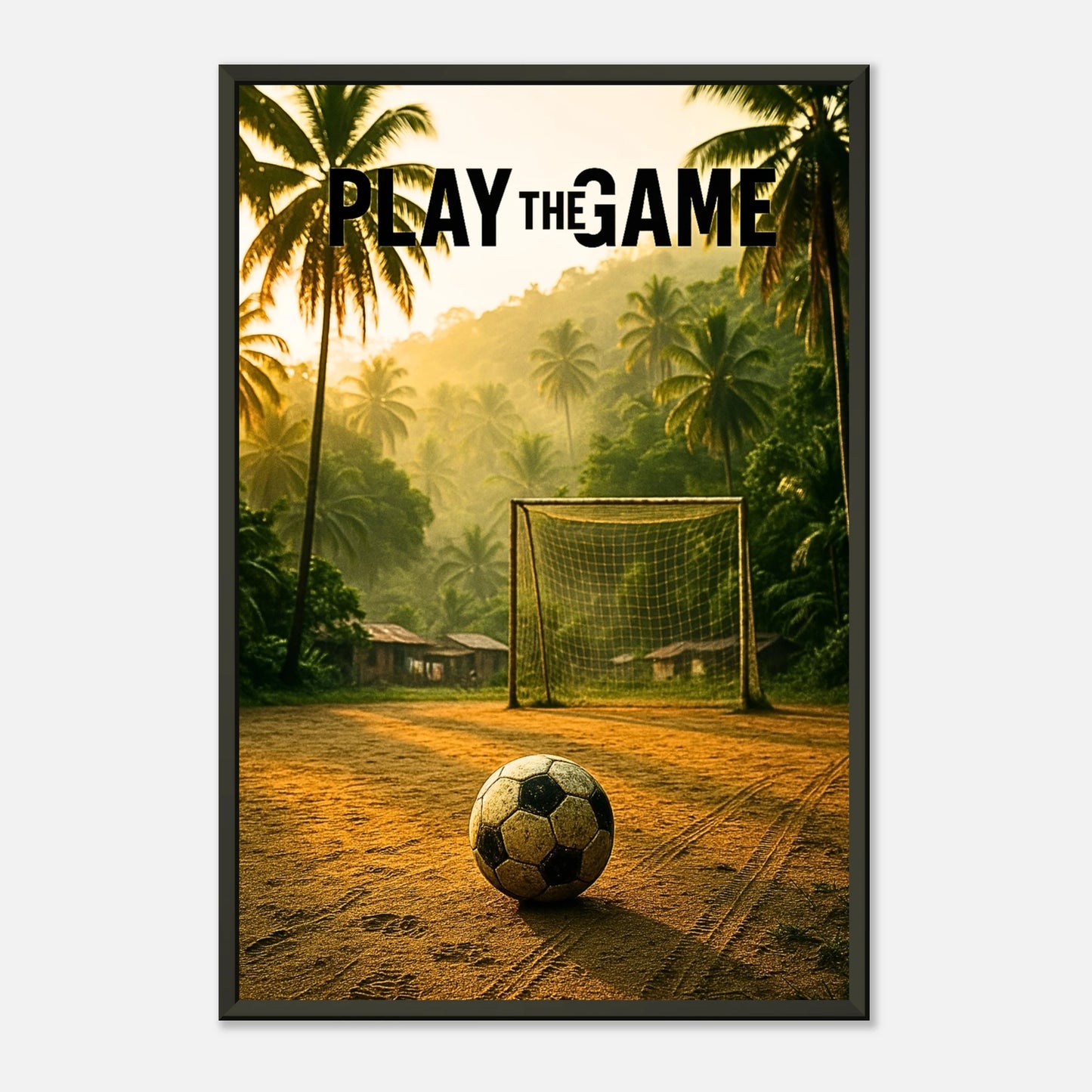 Fußball Poster „Play the Game“ | Vintage Kunstdruck mit Ball und Tor auf tropischem Spielfeld im schwarzen Metallrahmen | DEFA Designs