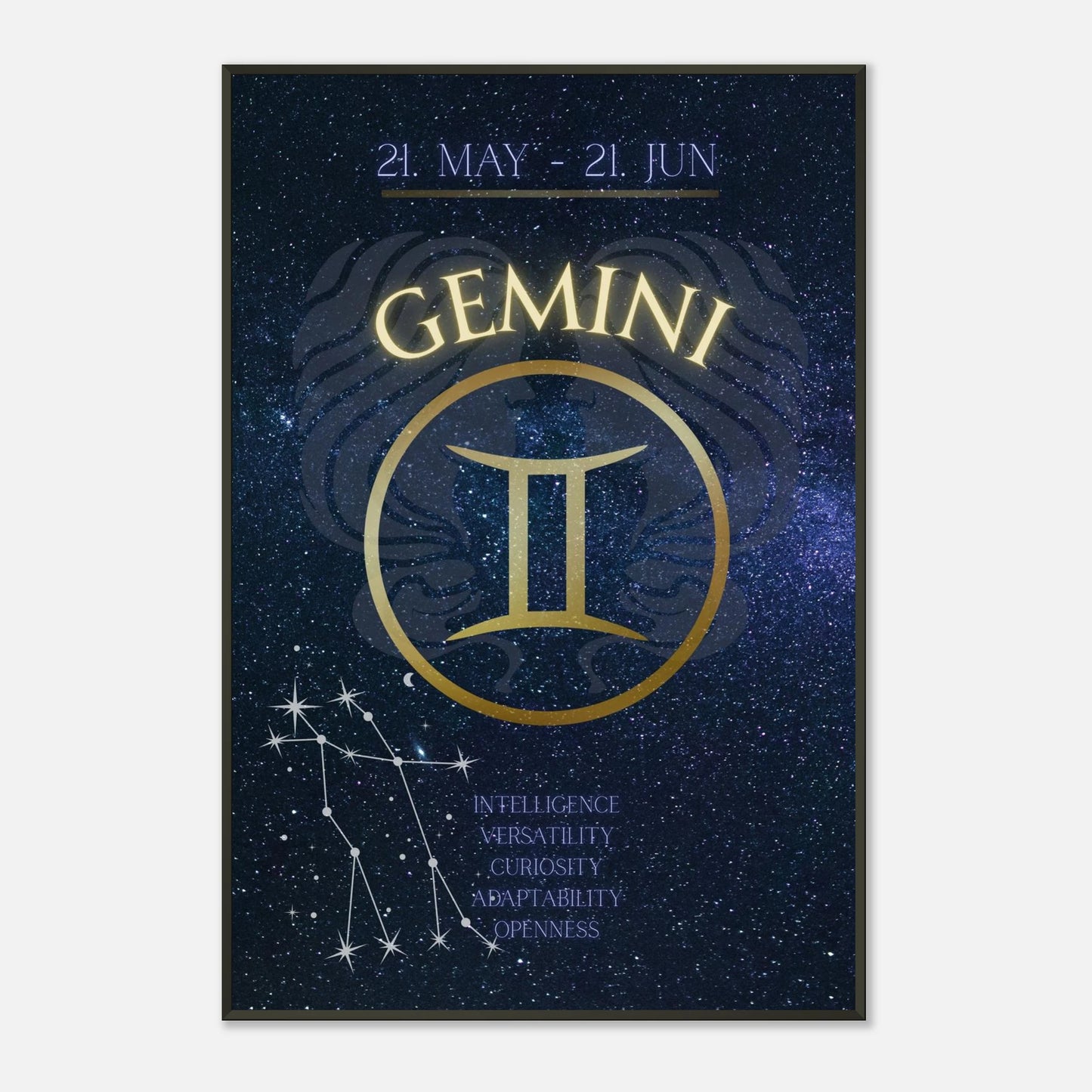 Gemini horoscope wall art print in black metal frame featuring May 21 to June 21 zodiac dates