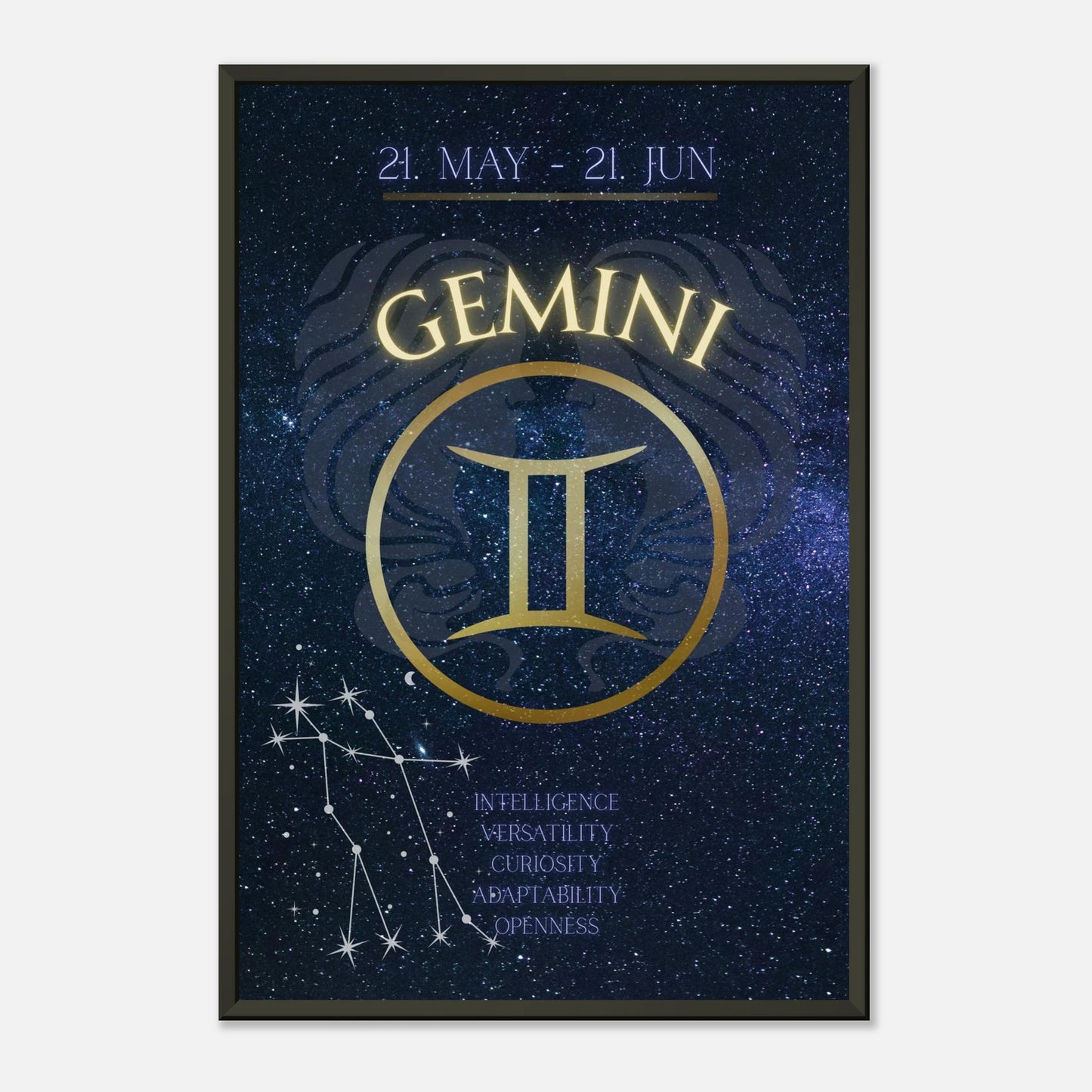 Gemini zodiac wall art in black metal frame front view with blue galaxy background and astrology symbol