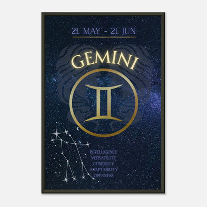 Gemini zodiac wall art in black metal frame front view with blue galaxy background and astrology symbol