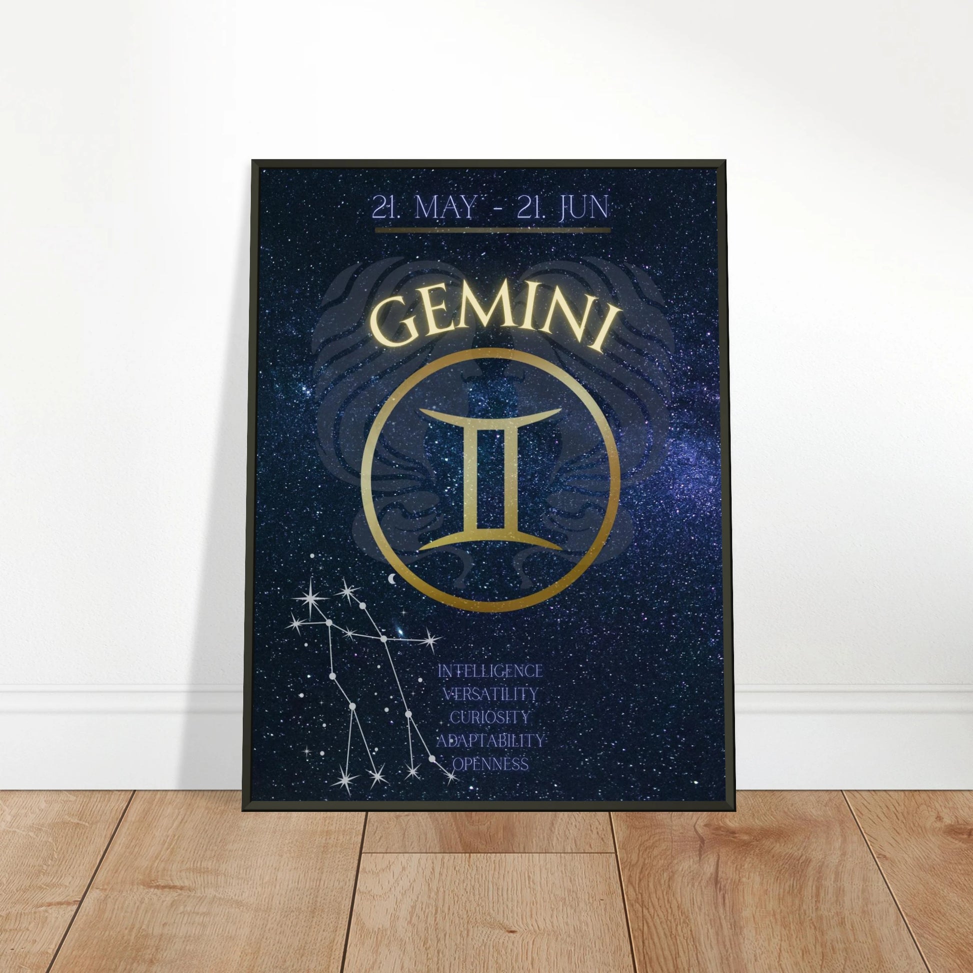 Gemini wall art poster leaning against wall in black metal frame modern bedroom decor mockup