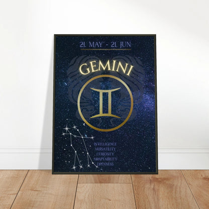 Gemini wall art poster leaning against wall in black metal frame modern bedroom decor mockup