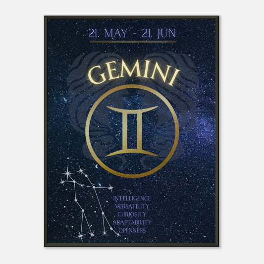 Gemini wall art poster in black metal frame featuring zodiac symbol and cosmic constellation design