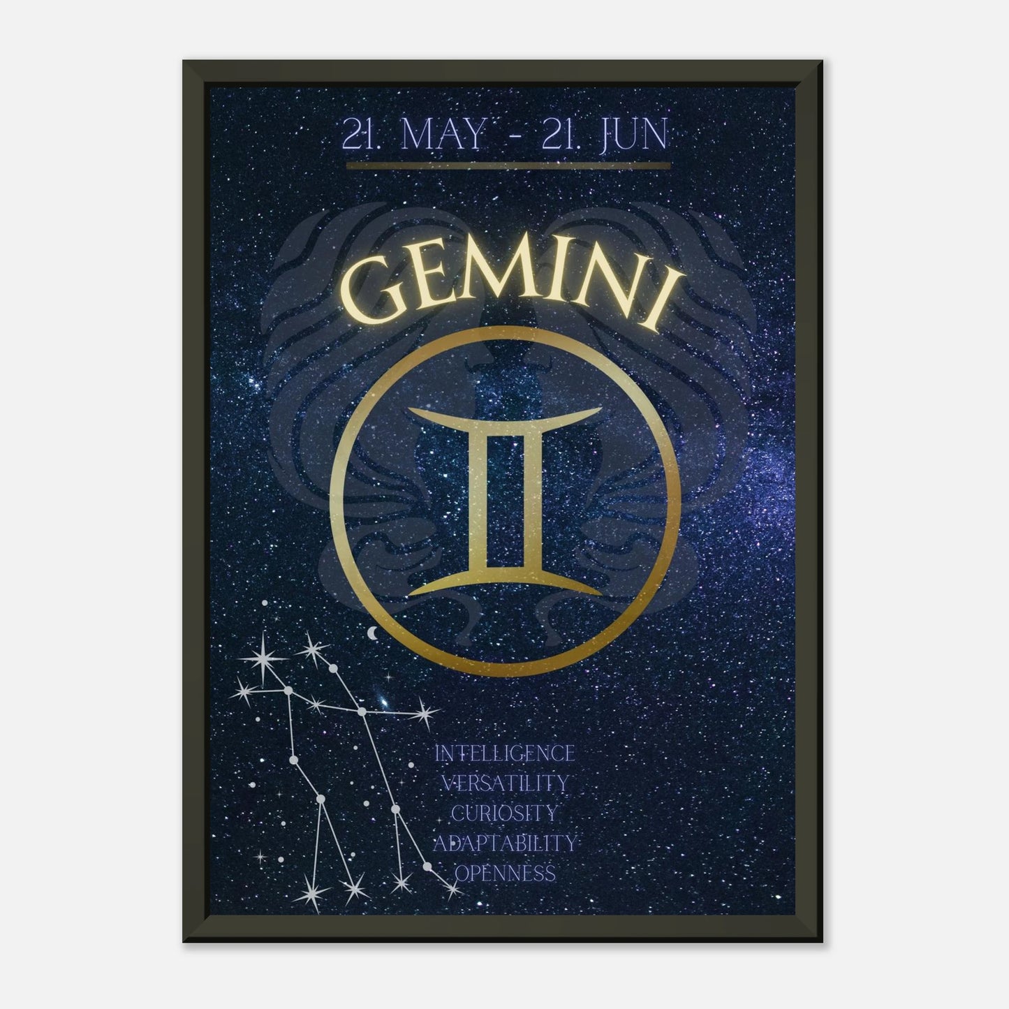 Gemini astrology poster in black metal frame clean studio mockup showing horoscope artwork
