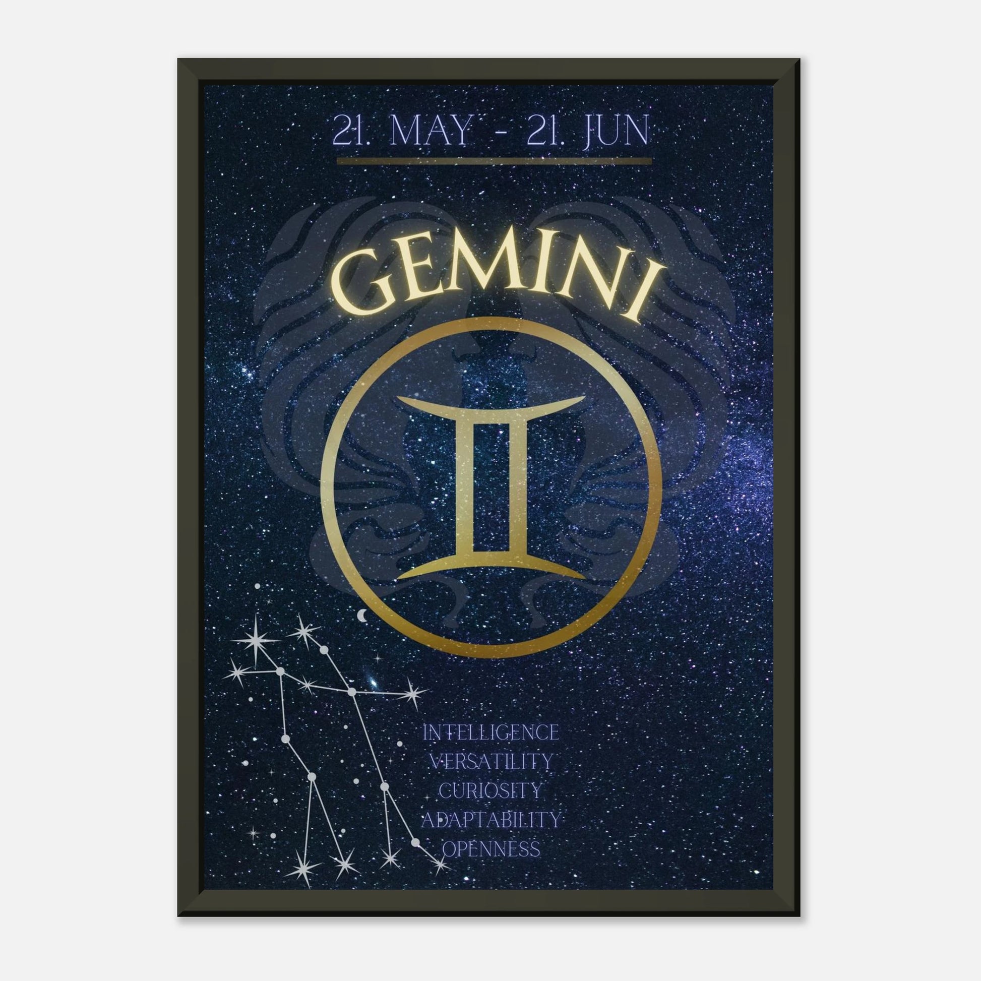 Gemini astrology poster in black metal frame clean studio mockup showing horoscope artwork