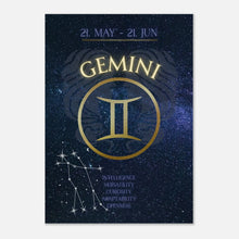 Gemini Zodiac Poster – stilvolles Sternzeichen-Wandbild in Dunkelblau und Gold mit Zwillinge-Symbol, Datum und Charaktereigenschafte