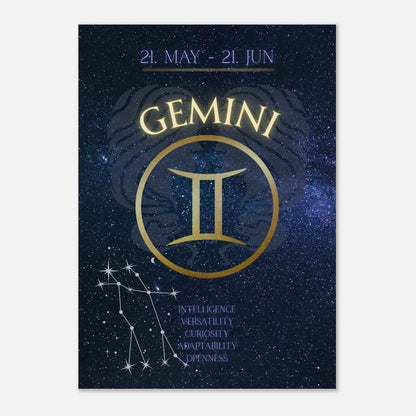 Gemini Zodiac Poster – stilvolles Sternzeichen-Wandbild in Dunkelblau und Gold mit Zwillinge-Symbol, Datum und Charaktereigenschafte