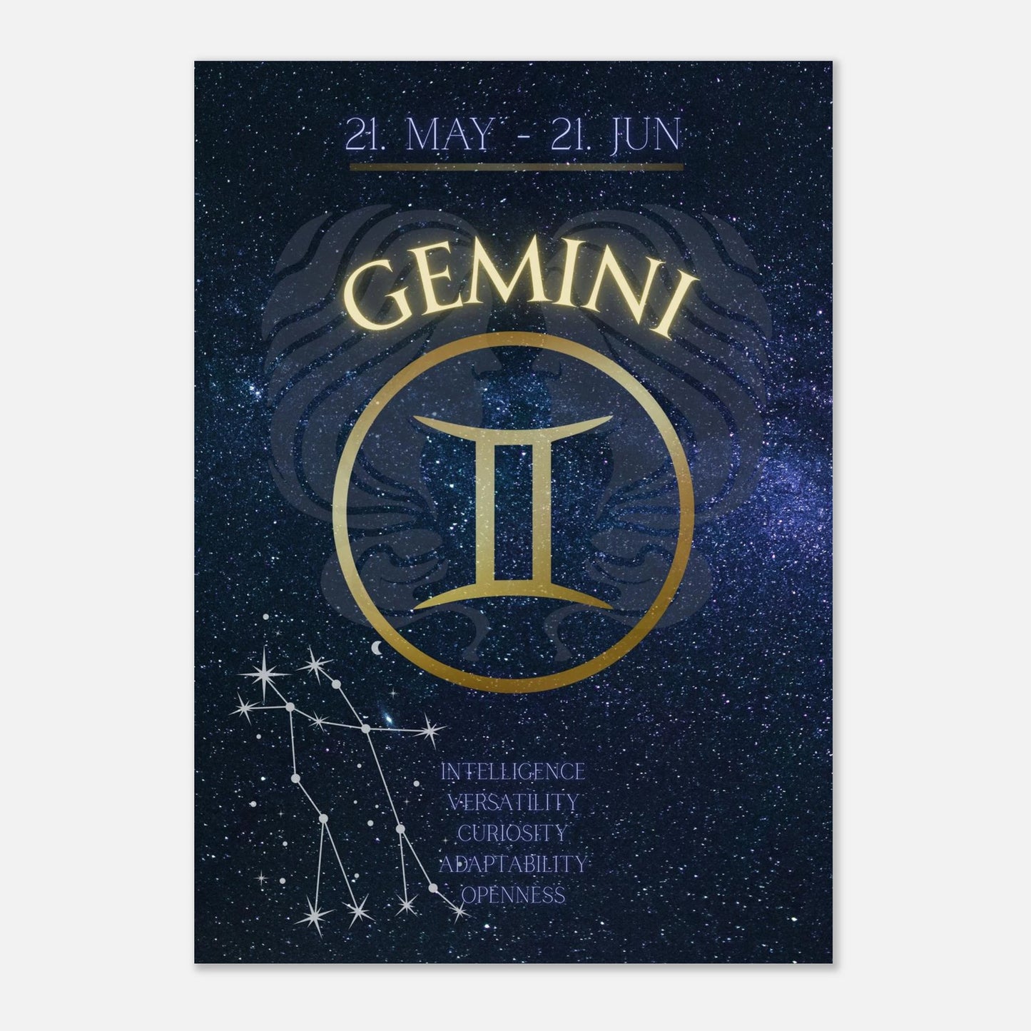 Modernes Gemini Sternzeichen Poster – astrologische Wanddeko mit Zwillinge-Symbol und Sternbild für Luftzeichen-Geborene