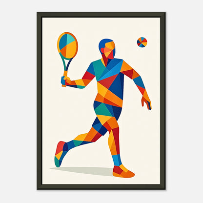 Modernes Tennisposter „Geometric Serve – The Art of Tennis“ | Abstrakter Spieler in leuchtenden Farben | Schwarzer Metallrahmen | DEFA Designs