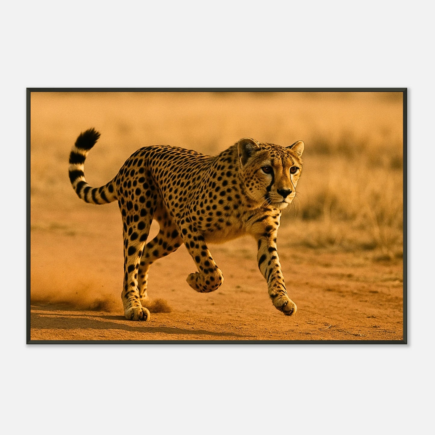Gepard im vollen Sprint – Desert Sprint Poster mit schwarzem Metallrahmen, Symbol für Kraft und Geschwindigkeit der Natur | DEFA Designs