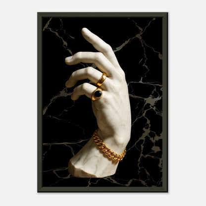 Gilded Touch modern sculpture wall art in black metal frame, elegant gold jewelry hand artwork for luxury interiors