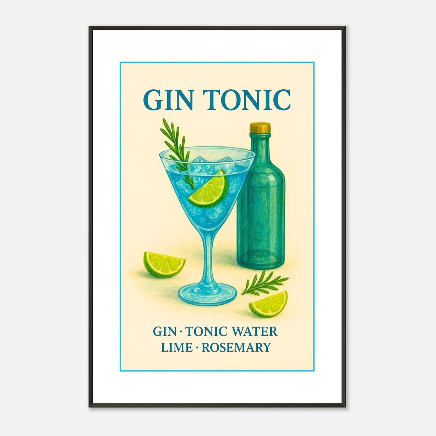 Gin Tonic cocktail wall art print in black metal frame with colorful vintage inspired drink illustration