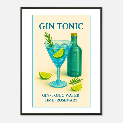 Gin Tonic cocktail wall art poster in black metal frame featuring vibrant gin glass illustration with lime and rosemary