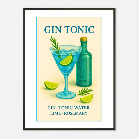 Gin Tonic cocktail wall art poster in black metal frame featuring vibrant gin glass illustration with lime and rosemary