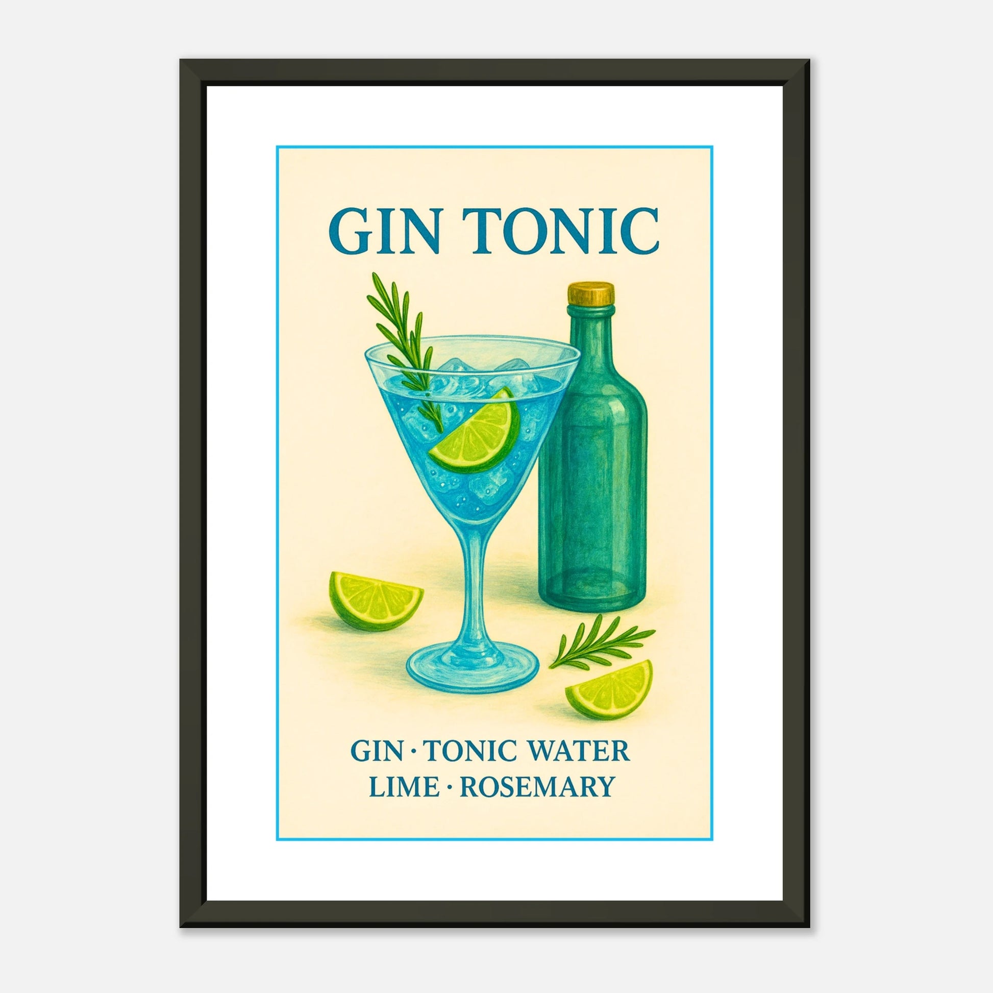 Gin Tonic minimalist cocktail wall art in black metal frame clean studio presentation for kitchen or bar decor
