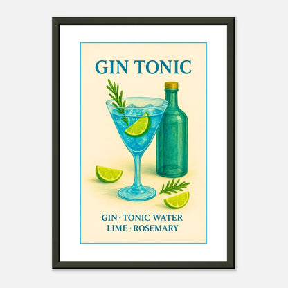 Gin Tonic minimalist cocktail wall art in black metal frame clean studio presentation for kitchen or bar decor