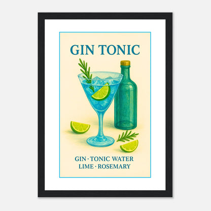 Gin Tonic Poster im schwarzen Rahmen – stilvolles Barbild mit Gin-Tonic-Design in kräftigen Farben, modernes Wandbild mit Cocktail-Flair – von Defa Designs.