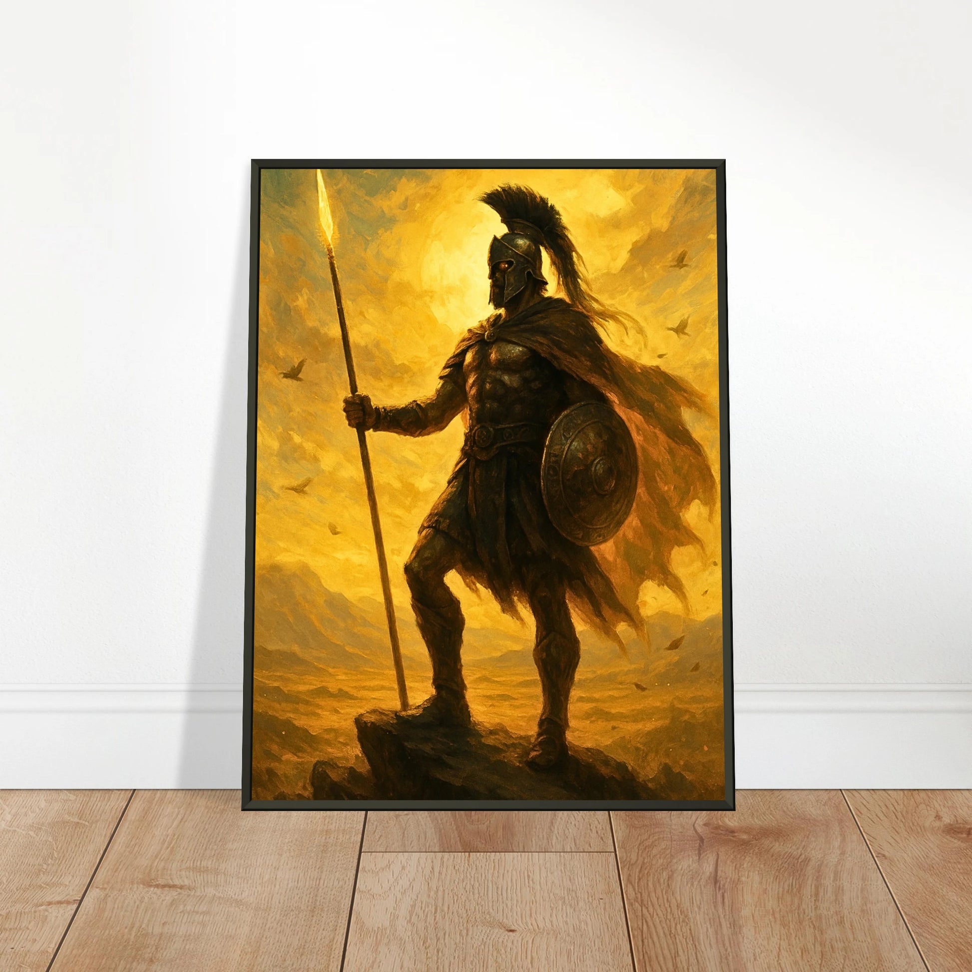 Glory of the Sunborn Spartan Wandbild in hellem modernen Wohnraum, epische Kriegerkunst im schwarzen Metallrahmen