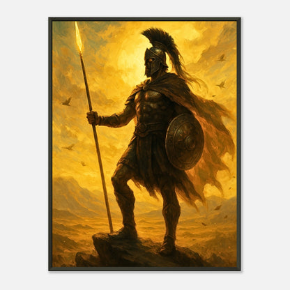 Glory of the Sunborn Spartan Wandbild mit schwarzem Metallrahmen, episches Krieger Kunstwerk vor goldenem Himmel