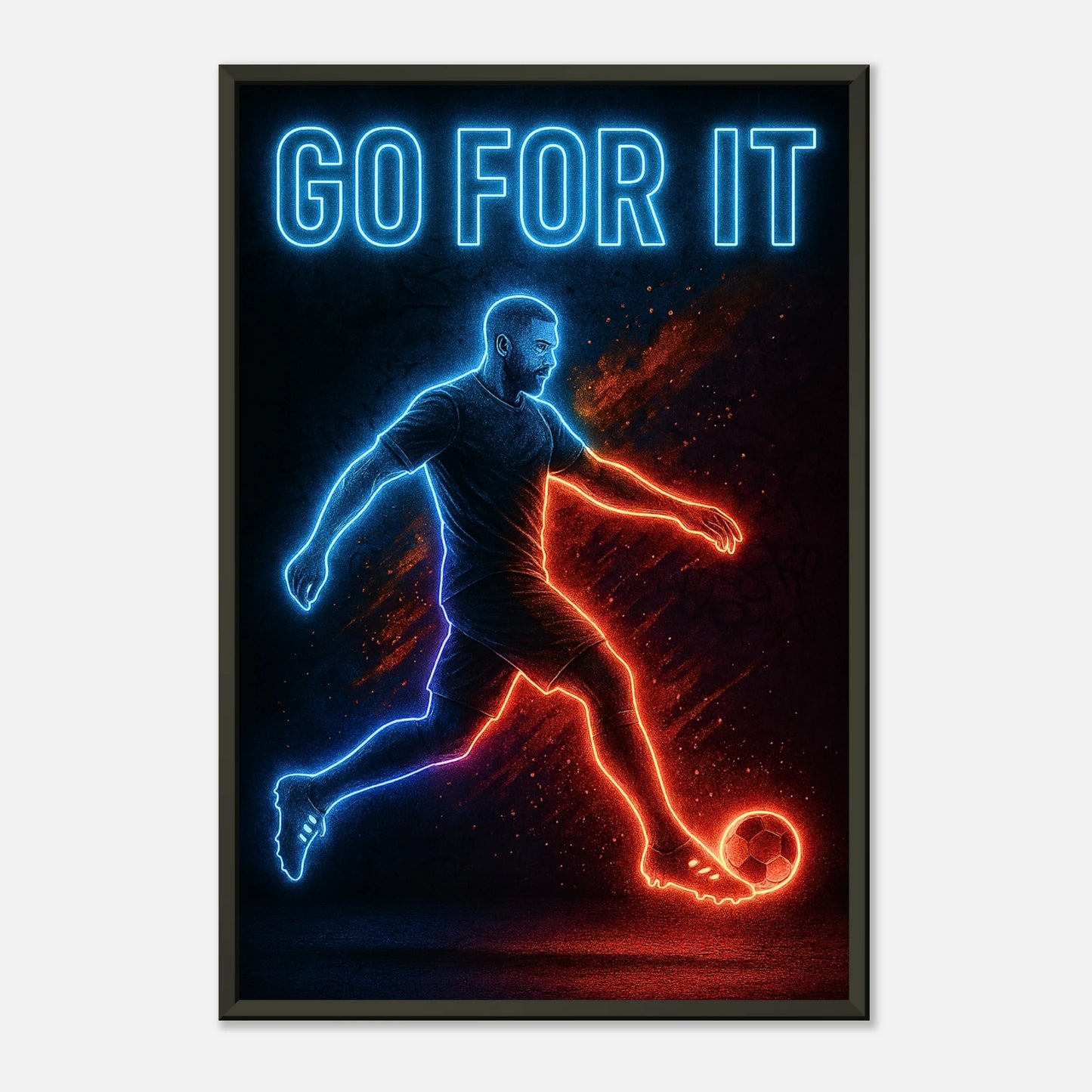 „Go For It“ Neon Fußballposter im eleganten schwarzen Rahmen – leuchtende Sportkunst mit intensiver Energie | DEFA Designs
