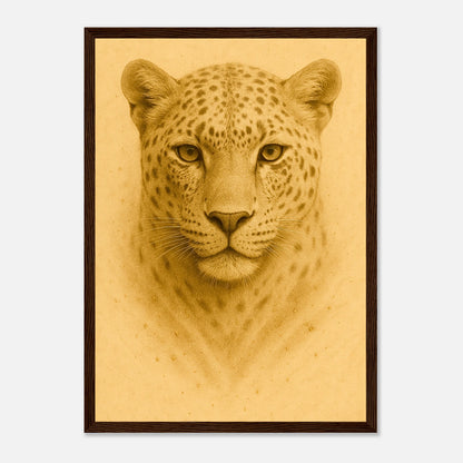 Golden Focus Leopard Poster mit dunkelbraunem Holzrahmen – kraftvolle Wanddekoration mit goldener Eleganz.