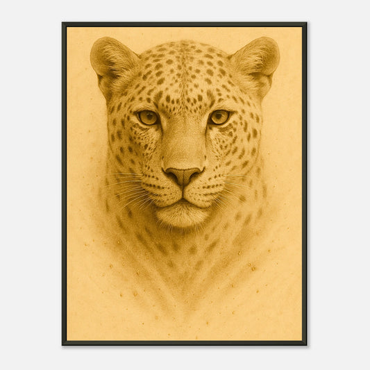 Golden Focus Poster mit majestätischem Leopard in goldener Farbe, schwarzer Metallrahmen – exklusive Tierkunst von Defa Designs.
