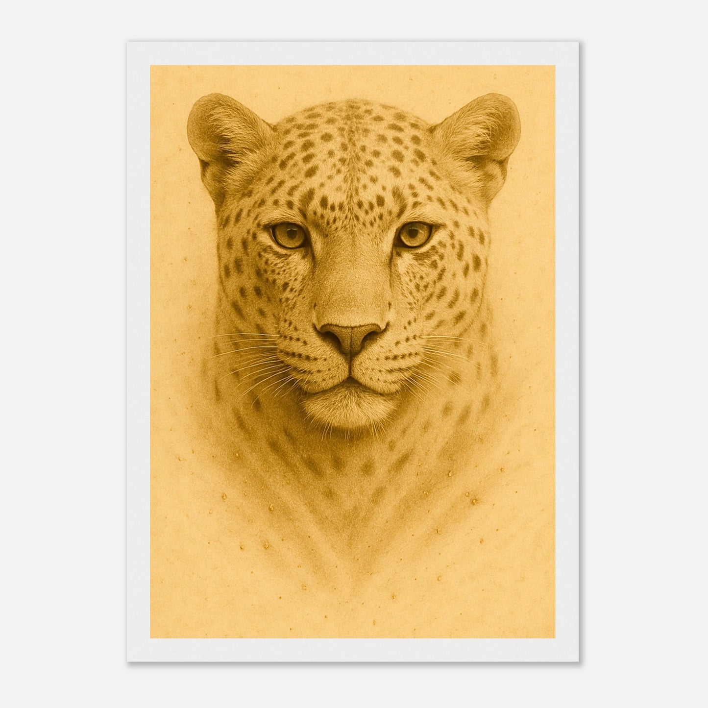 Golden Focus Leopard Poster mit weißem Holzrahmen – edle goldene Wandkunst für modernes Interior.